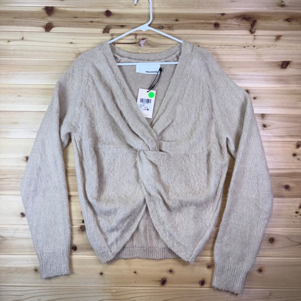 NEW Pink Martini Sweater Womens Large Taupe Mya Reversible Long Sleeve Sweater